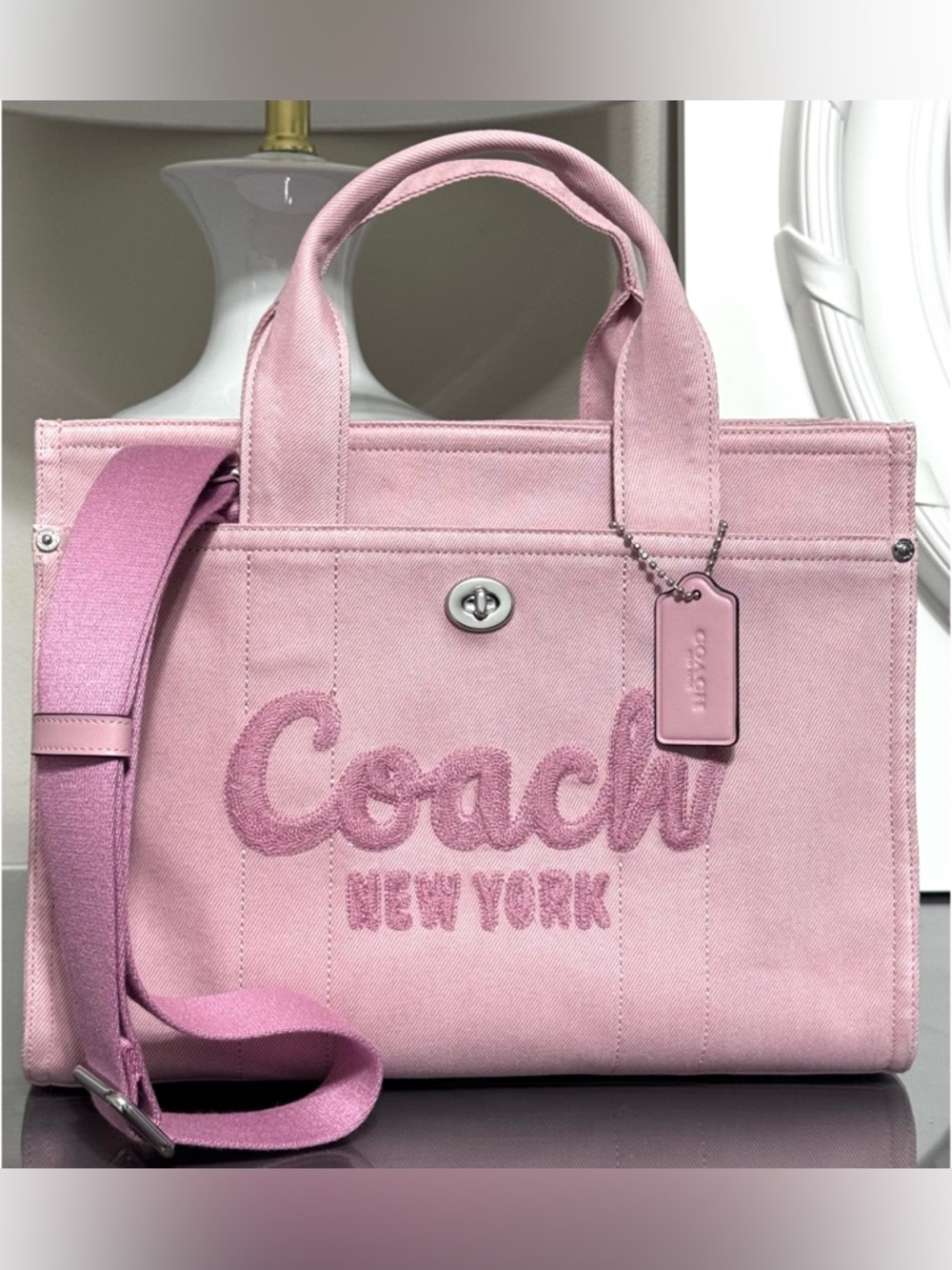 COACH Denim Medium Cargo Tote Bag, BALLERINA PINK - Picture 2 of 13